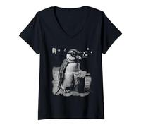Femme Pingouin Buvant du café glacé drôle Animal Meme Humour T-Shirt avec Col en V