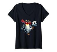 Femme Pingouin Jouant au Football avec écharpe Rouge T-Shirt avec Col en V