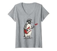 Femme Pingouin Jouant de la Guitare Rock & Roll Pingouins Rocker T-Shirt avec Col en V