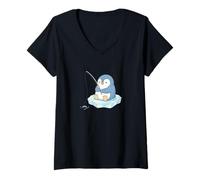 Femme Pingouin Mignon de Dessin animé pêche sur Glace T-Shirt avec Col en V