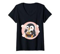 Femme Pingouin Mignon Mangeant Ramen Nouilles Soupe Amant Fille Femme Nourriture T-Shirt avec Col en V