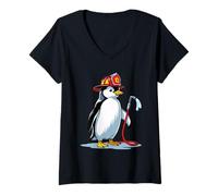 Femme Pingouin Pompier avec Casque et Lance T-Shirt avec Col en V