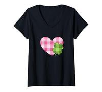 Femme Pink Buffalo Plaid Heart for St. Paddys Day Green Shamrock T-Shirt avec Col en V