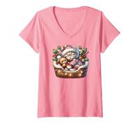 Femme Pink Christmas Must Haves for Women Girls Cute Winter Cat T-Shirt avec Col en V
