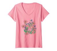 Femme Pink Day of The Dead Skull with Flowers T-Shirt avec Col en V