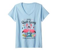 Femme Pink Flamingos in A Quilt Gang Sassy Sewing Sisters White T-Shirt avec Col en V