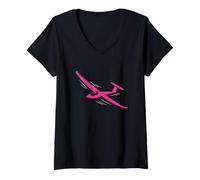 Femme Pink Glider Pilot Silent Flight Amoureuses d'avions à Voile pour Filles T-Shirt avec Col en V