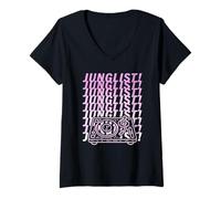 Femme Pink Junglist Girl Costume de DJ de Batterie et de Basse Musique de la Jungle T-Shirt avec Col en V