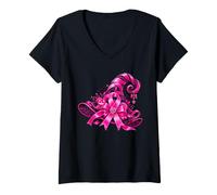 Femme Pink Ribbon Witch Hat Halloween Breast Cancer Awareness T-Shirt avec Col en V