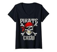 Femme Pirate Crew Jolly Roger Drapeau et crâne Crossbones Halloween T-Shirt avec Col en V
