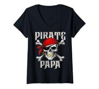 Femme Pirate Papa Jolly Roger Drapeau et crâne os croisés Halloween T-Shirt avec Col en V