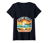 Femme Pismo Beach California Coucher de soleil Motif dauphins rétro vintage T-Shirt avec Col en V