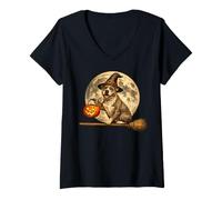 Femme Pitbull Pittie Chapeau de sorcière Jack O Lantern Moon Balai T-Shirt avec Col en V