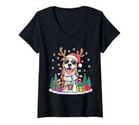 Femme Pitbull Renne de Noël avec Bonnet de Père Noël et Bois de cerf T-Shirt avec Col en V