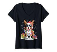 Femme Pitbull Renne de Noël avec Bonnet de Père Noël et Bois de cerf T-Shirt avec Col en V