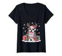 Femme Pitbull Renne de Noël avec Bonnet de Père Noël et Bois de cerf T-Shirt avec Col en V