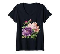 Femme Pivoine Fleurs Aquarelle Lavande Pourpre Pivoine Rose Pivoine T-Shirt avec Col en V