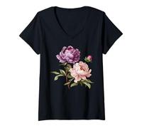 Femme Pivoine Fleurs Aquarelle Lavande Pourpre Pivoine Rose Pivoine T-Shirt avec Col en V