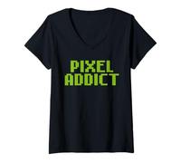Femme Pixel Addict Style Gamer rétro 8-bit Geek Jeu vidéo T-Shirt avec Col en V