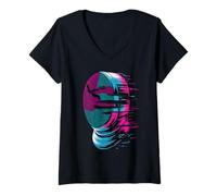Femme Pixel Glitch Art Escrime Casque Épée Escrimeur T-Shirt avec Col en V