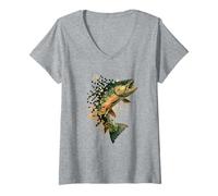 Femme Pixel Pêche à la Truite Graphique Rétro Numérique Pêcheur Design T-Shirt avec Col en V