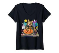 Femme Pizza DJ Cat T-Shirt avec Col en V