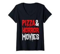 Femme Pizza et Films d'horreur - Amateur de Films d'horreur drôle T-Shirt avec Col en V