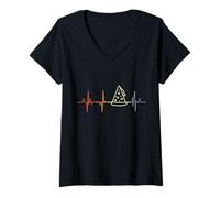 Femme Pizza Heartbeat Retro T-Shirt avec Col en V