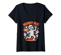 Femme Pizza Humoristique aux fantômes d'halloween Mummy Mia T-Shirt avec Col en V