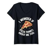 Femme Pizza Je me Demande si Pizza Pense Aussi à Moi T-Shirt avec Col en V