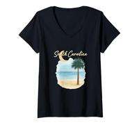 Femme Plage de Caroline du Sud avec palmier et croissant de lune T-Shirt avec Col en V