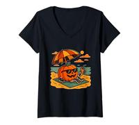 Femme Plage de Citrouille avec Boisson au Coucher du Soleil T-Shirt avec Col en V