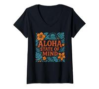 Femme Plage de Fleurs d'hibiscus hawaïennes rétro Aloha State of Mind T-Shirt avec Col en V