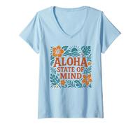 Femme Plage de Fleurs d'hibiscus hawaïennes rétro Aloha State of Mind T-Shirt avec Col en V