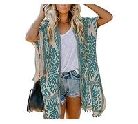Femme Plage Gilet Ete, Cache Maillot de Bain en Mousseline, Bohème Élégant Fluide Long Cardigan Veste Grande, Boho Casual Coton Women's Bikini Beach Cover Up (Vert)