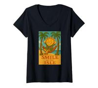 Femme Plage Vacation Île Caraïbes Positif Heureux Drôle Ensoleillé T-Shirt avec Col en V