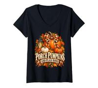 Femme Plaid Bow Citrouille Automne Porche T-Shirt avec Col en V