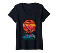Femme Planche à pagaie Cool Flamingo avec Lunettes de Soleil T-Shirt avec Col en V