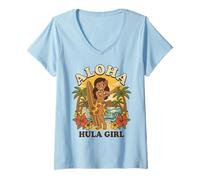 Femme Planche de Surf rétro hawaïenne Aloha Hula Girl - Plage Tropicale - Coucher de Soleil T-Shirt avec Col en V
