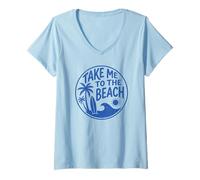 Femme Planche de Surf rétro « Take Me to The Beach » - Motif Palmier T-Shirt avec Col en V