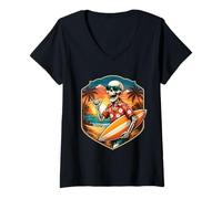 Femme Planche de Surf Squelette Vintage Shaka Hand T-Shirt avec Col en V