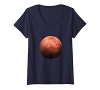 Femme Planète Mars Space Sky T-Shirt avec Col en V, Bleu Marine, L