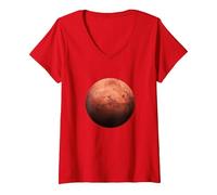 Femme Planète Mars Space Sky T-Shirt avec Col en V, Rouge, M