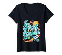 Femme Planètes et école du Soleil sur Le thème des fusées de première année T-Shirt avec Col en V