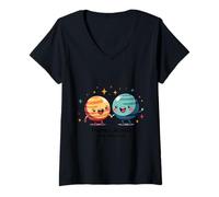 Femme planètes heureuses de Dessin animé avec Anneau et étoiles à Travers l'univers T-Shirt avec Col en V