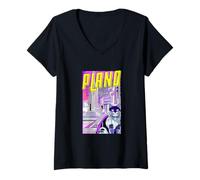 Femme Plano Chat Rétro Anime Paysage Urbain Texas USA Drôle T-Shirt avec Col en V