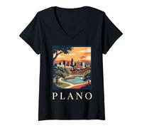 Femme Plano Texas Rétro Vintage Skyline Coucher de Soleil Parc Paysage Urbain T-Shirt avec Col en V