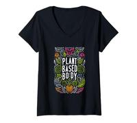 Femme Plant Based Body Style de Vie végétarien végétalien |||- T-Shirt avec Col en V