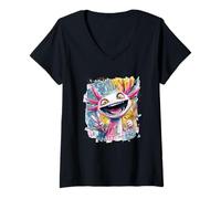 Femme Plaque d'art Graphique Axolotl Peace Graffiti Pop T-Shirt avec Col en V