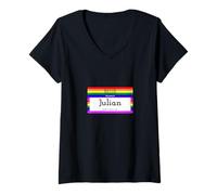 Femme Plaque de nom Hello My Name is Julian T-Shirt avec Col en V